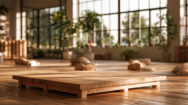 Empty wooden display platform in sharp focus inside a bright modern wellness studio with cushions, plants and warm natural light