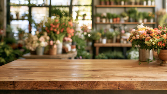 Empty Wooden Table in Sharp Focus Inside a Bright Flower Shop with Colorful Potted Blooms and Greenery
