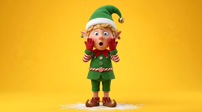 Cute cartoon elf character standing isolated on yellow background.