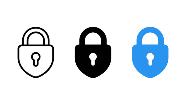 Padlock security lock icon set, private data protection symbol in outline, solid, and blue filled styles vector illustration isolated on transparent background
