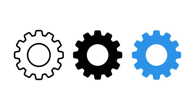 Gear cog wheel settings icon set, configuration and options symbol in outline, solid, and blue filled styles vector illustration isolated on transparent background