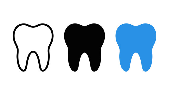 Set of three tooth icons in outline, solid black, and blue styles isolated on transparent background