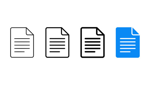 Set of document file icons in different styles, including thin line, bold line, solid black, and blue color variants isolated on transparent background