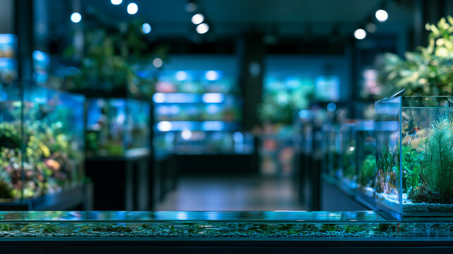 Empty aquarium display counter in sharp focus inside a modern aquatic store with illuminated fish tanks and lush aquatic plants