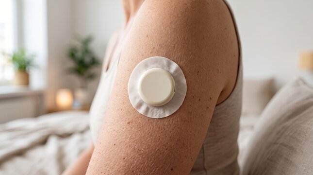 Woman with continuous glucose monitor sensor on her arm for diabetes health tracking in home