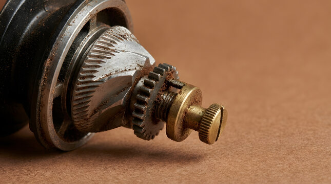 Detailed close up view of metal coffee grinder burrs showing sharp steel teeth and brass adjustment knob on brown surface