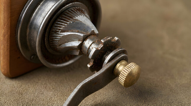 Vintage manual coffee grinder mechanism featuring intricate steel grinding burrs and a textured brass adjustment knob on a brown background