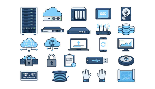 Cloud Computing and Data Storage Server Network Infrastructure Vector Icon Set with SSD HDD Router NAS Laptop Backup and Cyber Security Elements for Design