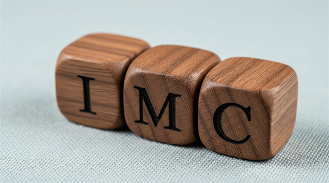 Wooden blocks spelling IMC rest on a textured grey fabric background.