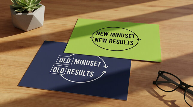 Cards showing old and new mindset concepts lie on a wooden surface with glasses and a plant.