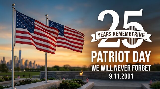US flags wave at sunrise over city skyline commemorating Patriot Day remembering 9 11 2001 25 years later with remembrance and solemn reflection.