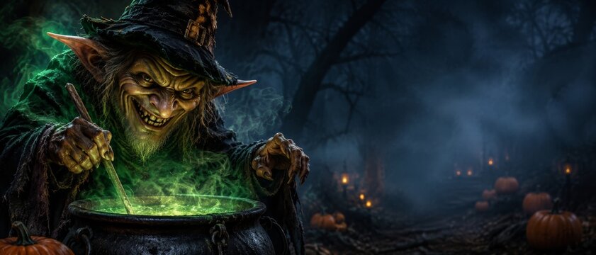 Spooky Halloween witch stirring a glowing green potion in a cauldron in a dark, foggy forest with banner format