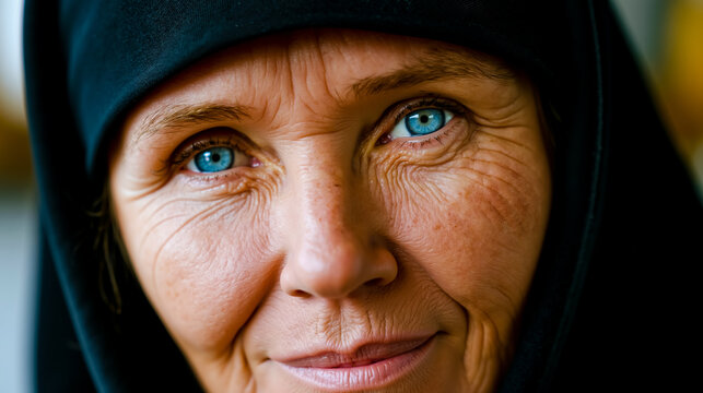 A close-up portrait of an elderly woman with blue eyes and wrinkles wearing a black headscarf
