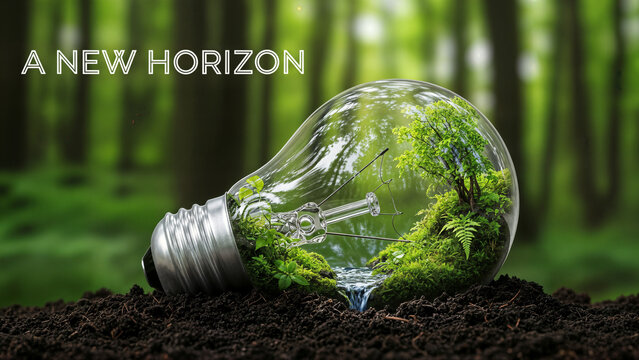 Light bulb filled with lush green forest and waterfall, symbolizing new ideas for sustainability and eco friendly innovation for environmental protection.