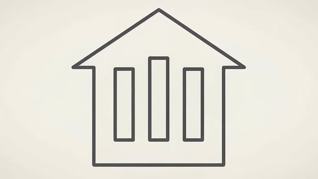 Minimalist line art icon of a classic institutional building with columns and pediment. Abstract vector illustration representing finance or law.