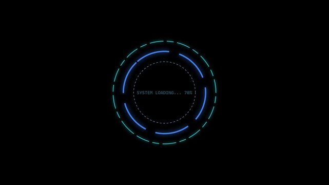 Futuristic HUD loading screen interface with digital circles and data processing elements on black