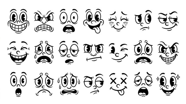 Vintage Cartoon Face Expressions Set, Retro 1930s Rubber Hose Style Character Emoticons, Vector Line Art Illustrations