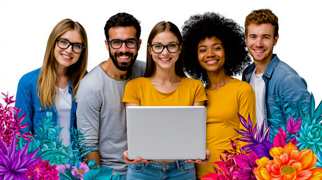 A group of five young adults smiling and posing together with a woman holding a laptop in front of a colorful floral background