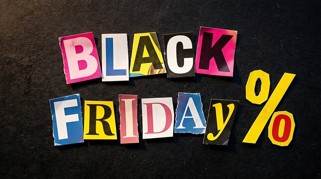 Black friday sale text made of colorful magazine cut out letters on a dark textured background