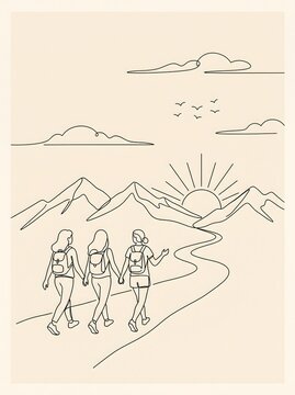 Minimalist line art illustration of three women hiking in mountains with sun and birds