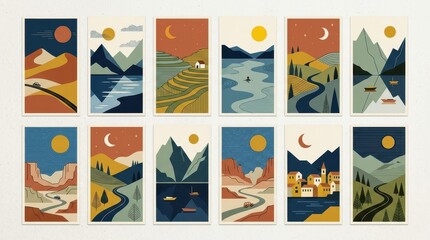 Fototapeta premium Set of 12 Minimalist Geometric Landscape Illustrations with Mountains, Deserts, and Lakes in Mid-Century Modern Style
