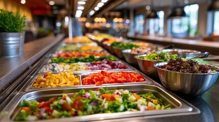 Fototapeta premium Colorful fresh vegetables line a long buffet tray