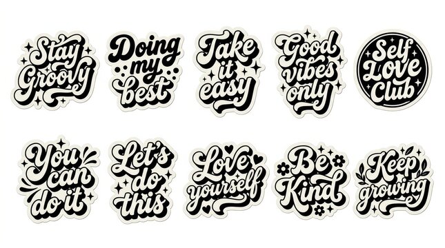Retro Groovy Motivational Sticker Set with Positive Quotes and 70s Style Typography for Mental Health and Wellness
