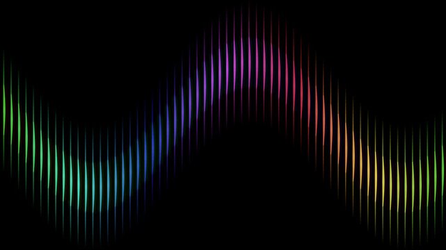 Abstract rainbow wave made of vertical glowing light lines on a dark black background representing digital data flow and modern technology concept for futuristic design projects