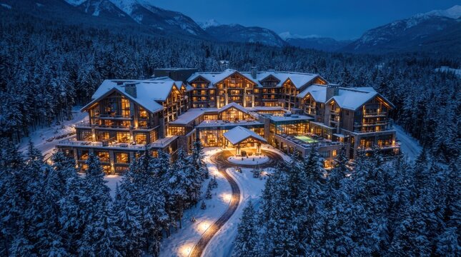 Luxury mountain ski resort hotel lodge illuminated at night with snow covered forest landscape and glowing lights in winter season