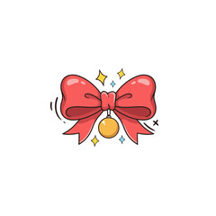 Fototapeta premium Festive red christmas ribbon bow with a golden ornament bell hanging below isolated on white background, for holiday decoration, and greeting cards