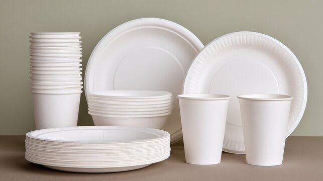 Clean white plates and cups sit neatly arranged