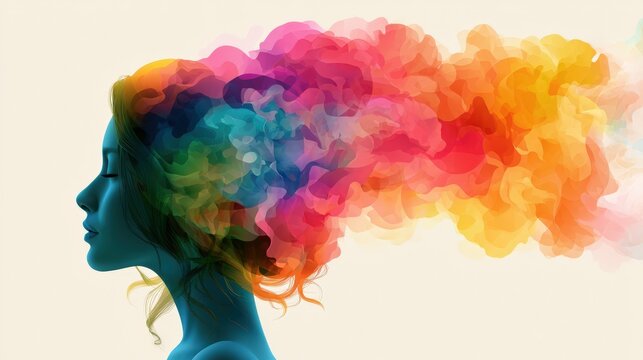 Silhouette of a woman with vibrant, swirling colors emerging from her head