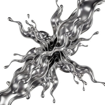 Liquid silver chrome splash with shiny metallic ripples on transparent background.