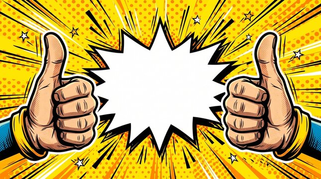 Pop Art Comic Style Two Thumbs Up with Blank Speech Bubble