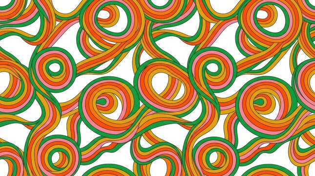 Retro 70s Style Seamless Pattern with Colorful Swirling Lines and Groovy Psychedelic Abstract Shapes on White Background