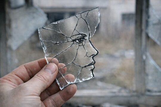 A person's hand grasping a shard of broken glass, possibly indicating damage or injury