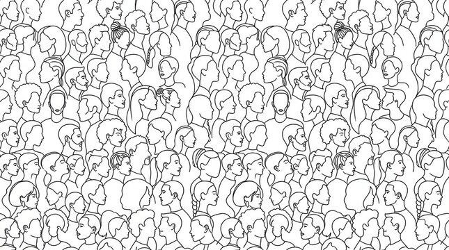 Seamless Pattern of Diverse People Profiles in Minimalist Line Art Style for Community and Society Concepts