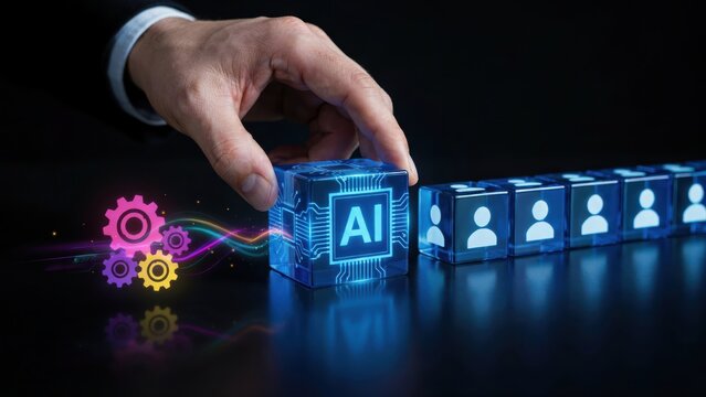 Hand placing a cube with AI logo and chip into a line of cubes with people icons, symbolizing artificial intelligence in workforce and automation