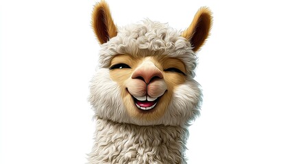 Fototapeta premium Funny Llama Portrait: A close-up, humorous portrait of a smiling llama, captured with its eyes closed in a playful wink and a wide, toothy grin, exuding a friendly and cheerful personality.