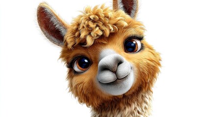Naklejka premium Cute Llama Portrait: A charming llama with big, expressive eyes and fluffy wool smiles warmly, perfect for adding a touch of whimsy to any project.