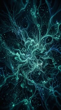Abstract digital art featuring glowing teal organic neural network structures with floating particles.