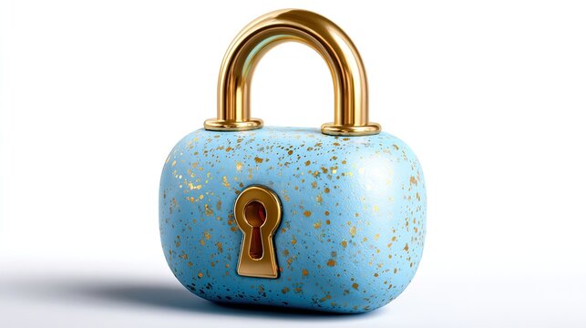 Golden Lock Charm: A beautiful blue lock with golden accents and a gold shackle sits on a neutral surface, symbolizing security, safety, and protection in a charming design.