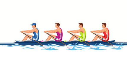 Team of rowers in colorful athletic uniforms rowing long boat through blue river water during competitive rowing regatta sports vector illustration. © AIStock Studio