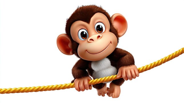 Cheeky Monkey Swing: A charming cartoon monkey with big, expressive eyes swings playfully on a thick yellow rope, its mischievous grin promising a jungle adventure.