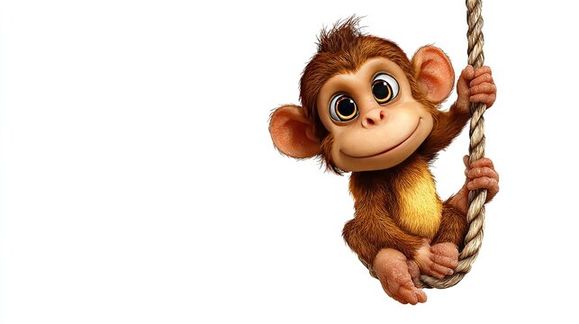 Cute cartoon monkey swinging on a rope, with big expressive eyes and a playful smile. This adorable primate is rendered in a fun, animated style, perfect for children's designs and playful themes.