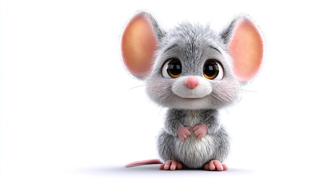 Cute cartoon mouse with big ears and expressive eyes, smiling gently.