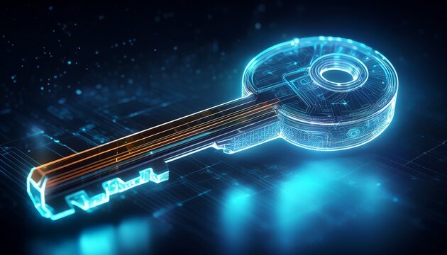 digital representation of a key formed by glowing data points illuminates a dark background