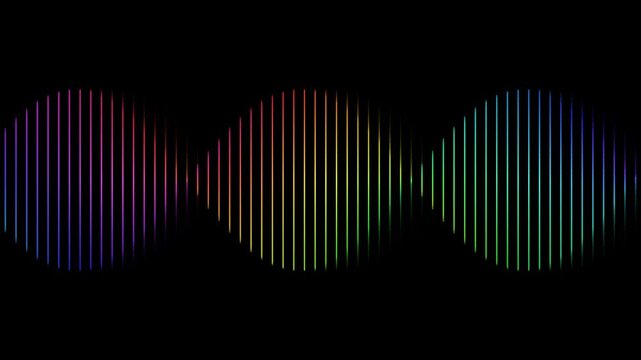 Abstract rainbow sound wave equalizer pattern with vertical colorful glowing lines on a black background for music visualization and digital technology design concepts