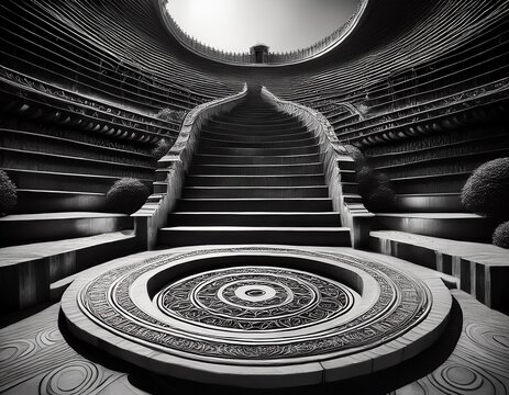 circular stairs in temple black white