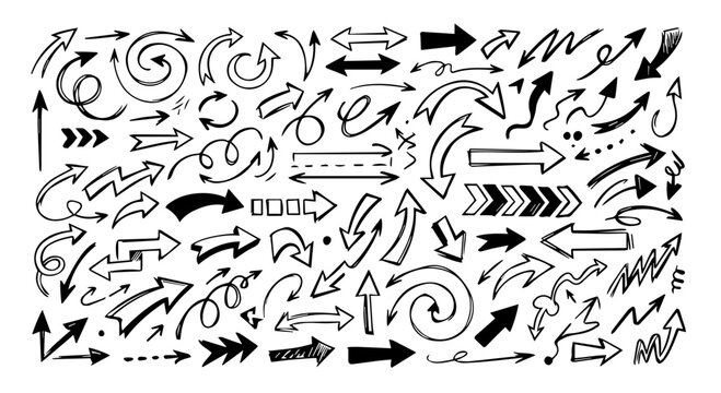 set of hand drawn arrows, Black Arrows Hand Drawn Collection Free Vector black and white color file